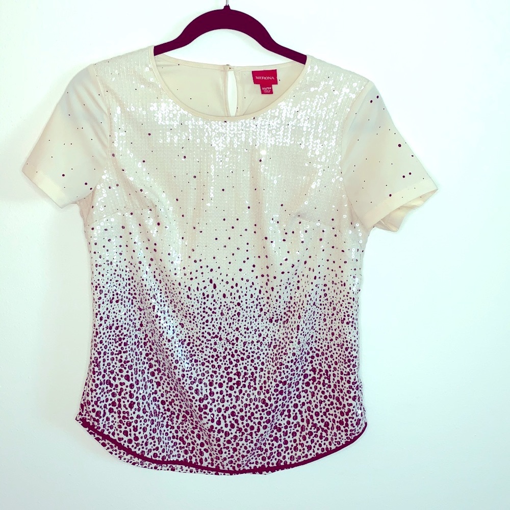 Merona Cream & Black clear Sequin on front blouse